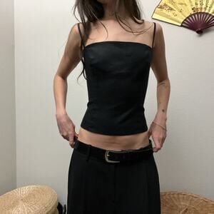 reformation black linen minimalist square neck fitted smocked cami tank top